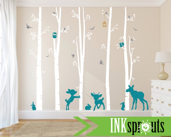 Birch Decal with Woodland Animals ,5 Birch decal, fawn, moose,bunnies, birch tree set, Birch forest,Nusery, Modern Nursery, Nursery decals