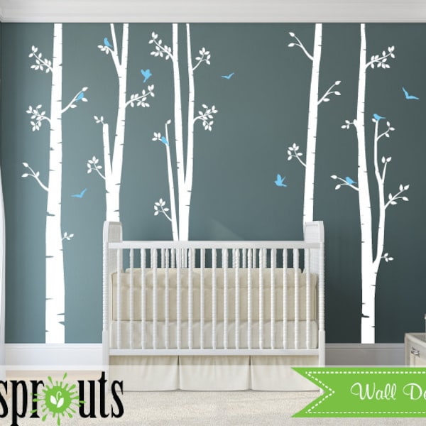 Set of 5 White Birch Tree Decal with Birds, Large Birch set, birch tree set, Birch forest, Nursery decals, Baby Decals