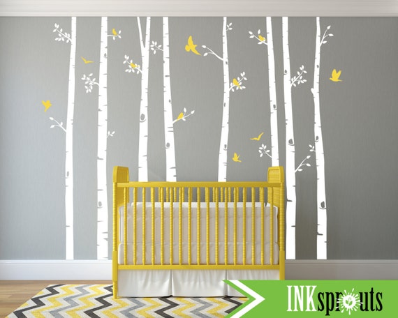 Birch Tree Decal with flying Birds, Set of 8 trees, Large Birch set, birch tree set, Woodland, Birch forest, Nursery decals, Baby Decals