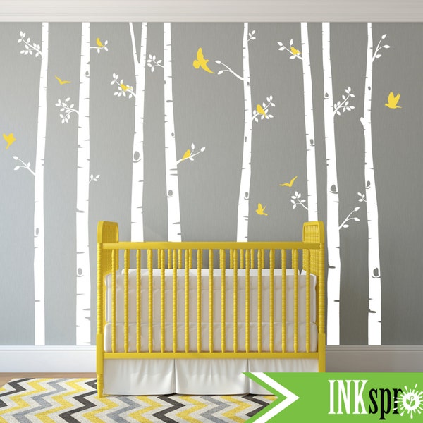 Birch Tree Decal with flying Birds, Set of 8 trees, Large Birch set, birch tree set, Woodland, Birch forest, Nursery decals, Baby Decals