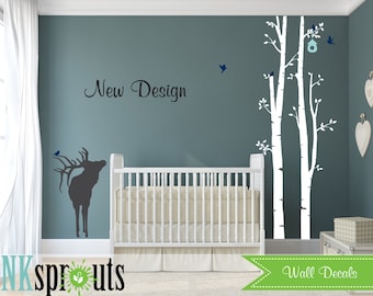 Birch Decal with Elk, 2 Birch decal,Small  birch tree set, Birch with Deer, Birch forest, Nusery Birch trees, Modern Nursery, Nursery decals