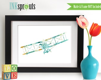 INSTANT DOWNLOAD - Watercolor Biplane Print, Aqua/teal color, Watercolor silhouettes, plane, airplane, Nursery Print, Transportation