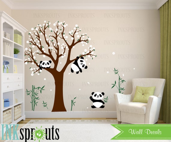 Panda Room Decal, Blossom Tree Decal, Sleeping panda, Cute panda decal, Bamboo decal, Modern Nursery, Nursery decals, Baby Decals