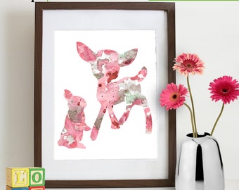 INSTANT DOWNLOAD -Watercolor Deer and bunny Print, Watercolor silhouettes, Bambi, woodland animals, Nursery Print, Forest animals, ItemWC023