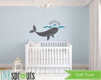 Whale with Name Decal, whale Decal, Nautical decal , Orca, Sea, Under the sea, Modern Nursery, Nursery decals, Baby Decals