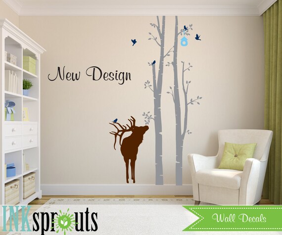 Birch Decal with Elk, 2 Birch decal,Small  birch tree set, Birch with Deer, Birch forest, Nusery Birch trees, Modern Nursery, Nursery decals