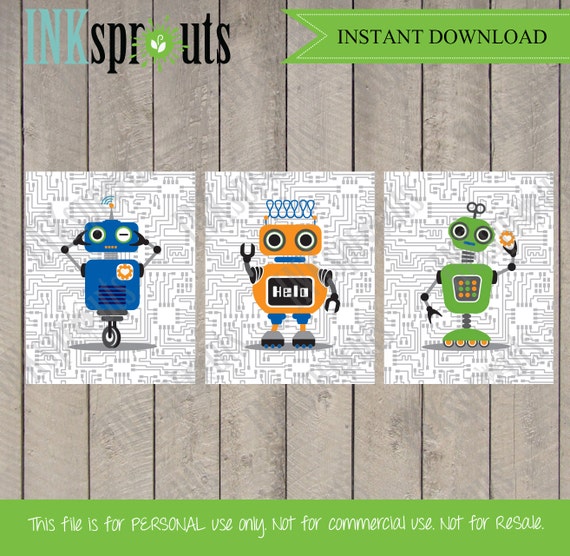 INSTANT DOWNLOAD, Robot Prints, Andriod, Circuit print, Robots, boys room, Nursery Prints, Robot art, Item 028D