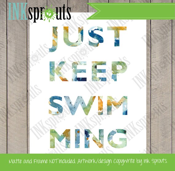 INSTANT DOWNLOAD- Watercolor Just keep swimming Print, Watercolor silhouettes, Nemo, Beach theme, Nursery Print, Under the Sea, Item  WC006