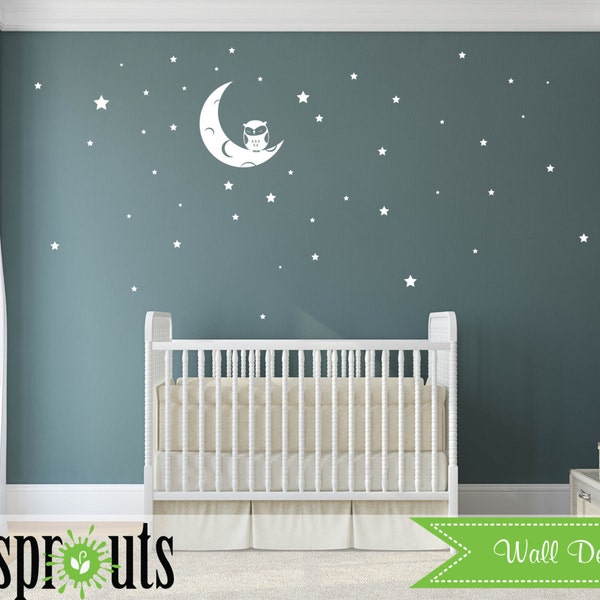 Owl on Moon Decal, Stars, Cute Owl decal, Twinkle little star, Babys Name,Classic, Simple, Modern Nursery, Nursery decals, Baby Decals,