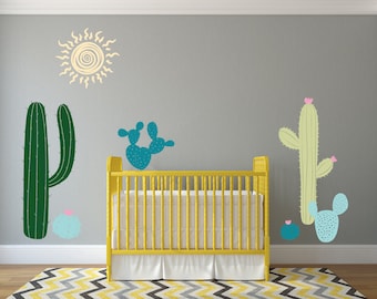 Cactus Nursery,  Southwest decal, Desert, Sun Decal, Cactus with flowers,   Nursery decals, Baby Decals Childs room