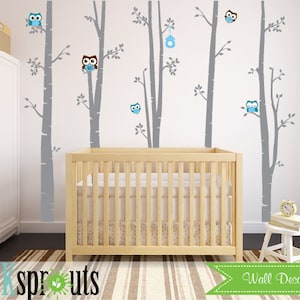 Birch Decal with owls Large set, 5 Birch decal, birch tree set, Birch forest, owl, Modern Nursery, Nursery decals, Woodland nursery