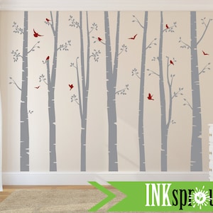 Birch Decal set with Birds, 7 Large Birch Trees, birch decal, Birch forest, Nursery birch set, Woodland animals, Nursery decals, Baby Decals