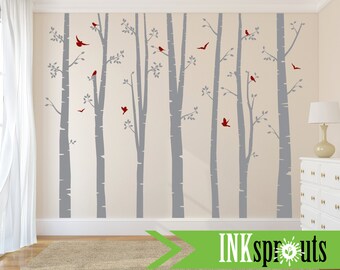 Birch Decal set with Birds, 7 Large Birch Trees, birch decal, Birch forest, Nursery birch set, Woodland animals, Nursery decals, Baby Decals