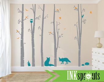 Birch Decal with Woodland Animals ,5 Birch decal, Fox decal, bunnies, birch tree set, Birch forest,Nusery, Modern Nursery, Nursery decals