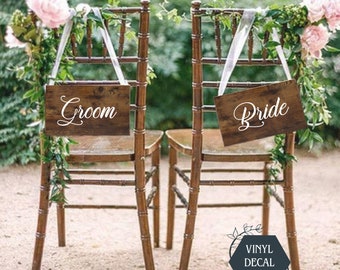 Bride and Groom Vinyl Decal only, Wedding Chair Signs, Wedding Signs, Wedding photo props, Wedding decals, DIY Wedding