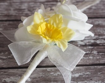 Artificial Ivory Roses & Daffodil Silk Flower Feather Silver Wired pearl Wedding Corsage