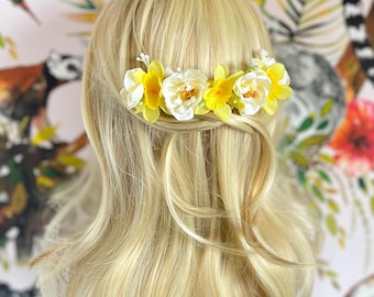 Daffodil & Ivory Rose Silk Flower Gypsophila Hair Comb Bridal Hair Accessory - Welsh Wedding