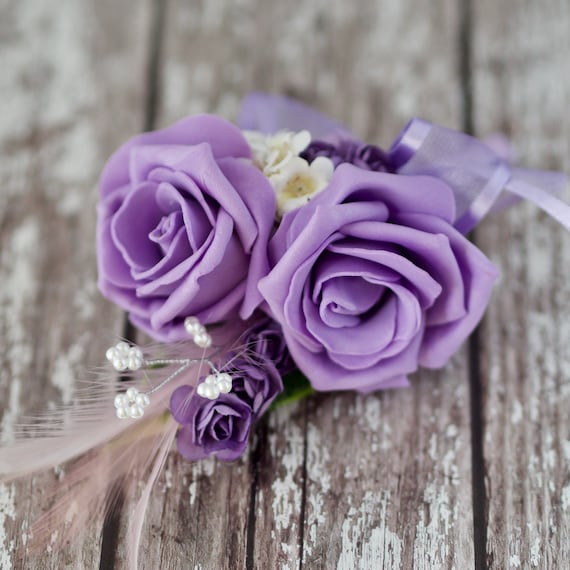 Ladies Wedding Wrist Corsage,Lilac & Purple & White Rose  &  Purple Gyp 