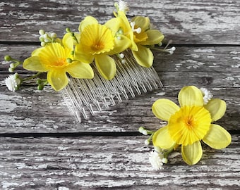 Daffodil Artificial Silk Flower, Gypsophila, Hair Comb & Baby Clip Hair Accessories, Welsh Weddings