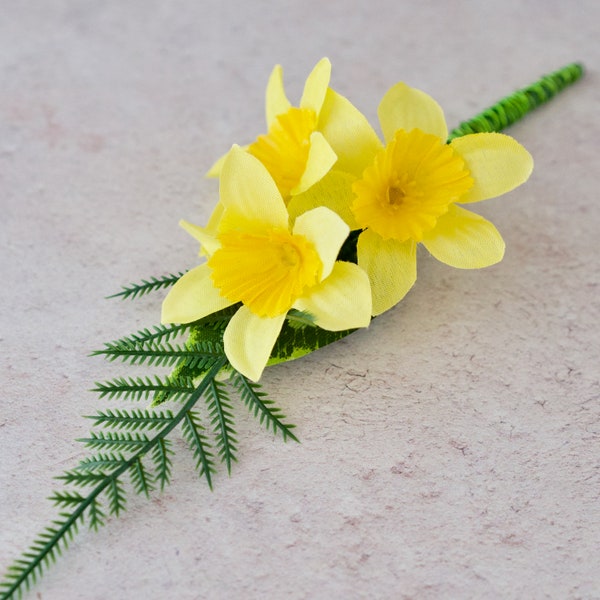 Daffodil Artificial Silk Flower Green Wired Stem Welsh Wedding Buttonhole / Corsage