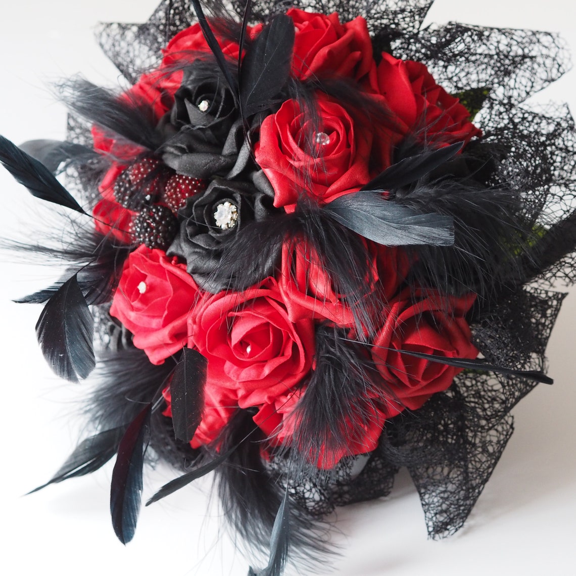 Gothic Wedding Red & Black Bridal Bouquet Black Feather image 1