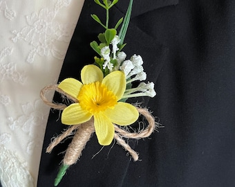 Daffodil Artificial Silk Flower Twine Stem Buttonhole With Pin