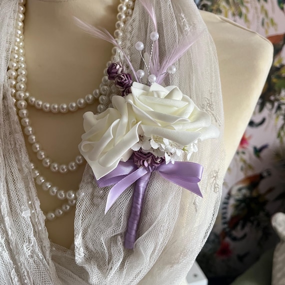 Ivory Artificial Foam Rose Lilac Feathers Silver Pearled Ladies Wedding Corsage