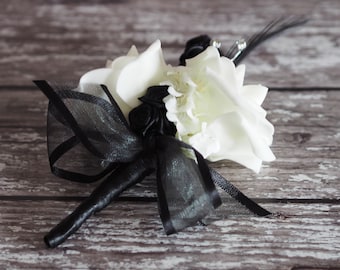 Artificial Wedding Flowers Ivory Rose Silver Diamante Black Feather Ladies Corsage