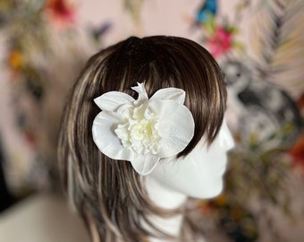 Artificial White Orchid Silk Flower Pearled Bridal Hair Accessory With Clip