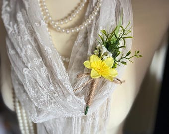 Daffodil Artificial Silk Flower Twine Stem Welsh Wedding Buttonhole/ Corsage