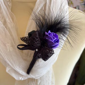 Purple & Black Artificial Rose, Black Soft Feathers, Gothic Style Wedding Buttonhole, Corsage