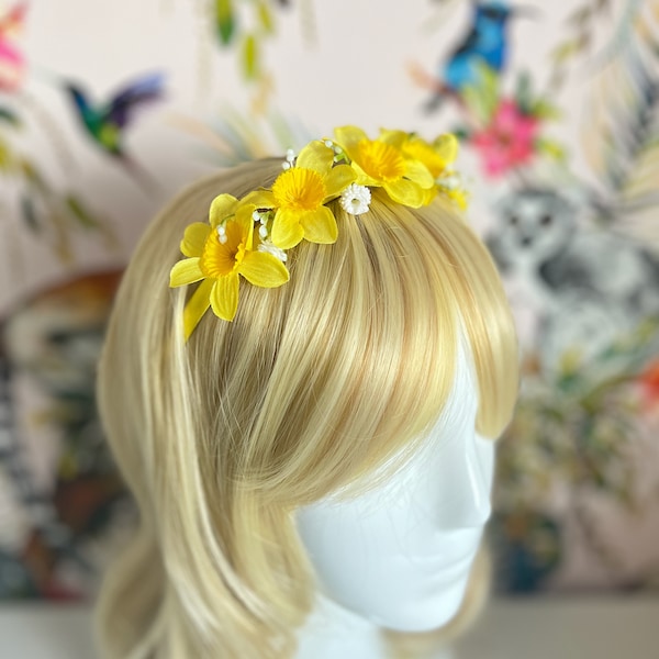 Daffodil Artificial Silk Flowers White Gyp Hair Accessory - Satin Band - Welsh Wedding