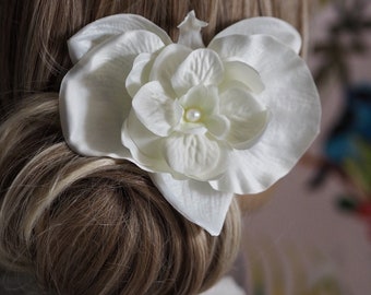 Artificial White Silk Orchid Flower Pearled Oversize Bridal Hair Accessory
