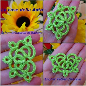 Può includere: Un motivo di pizzo all'uncinetto verde con un design delicato e intricato. Il motivo è mostrato su una mano su uno sfondo di girasoli. Il testo "Le cose della Anto" e "Schema/Tutorial in Italiano" è visibile nell'immagine.