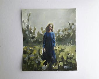Original woman painting, acrylics on paper, small portrait, original portrait, small painting, 8x8 painting, woman art, landscape painting