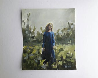 May include: A painting of a person standing in a field of green foliage. The person is wearing a blue dress and has blonde hair. The painting is signed "Marleen".