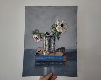 Original flower painting, painting on paper, frida kahlo painting, anemone painting, 12x16 painting