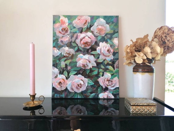 庭のバラ、オリジナルのアクリル画、花の絵画、ピンクの花、16x20の