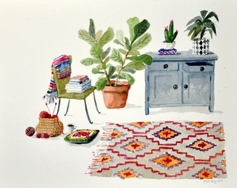 original watercolor painting, plant painting, plant illustration, houseplants, aquarelle painting, wall decor