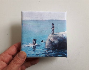 Small swimmer print, print on canvas, tiny painting, small canvas, print acrylic, lake painting, swimming print, gift for her, glicee canvas