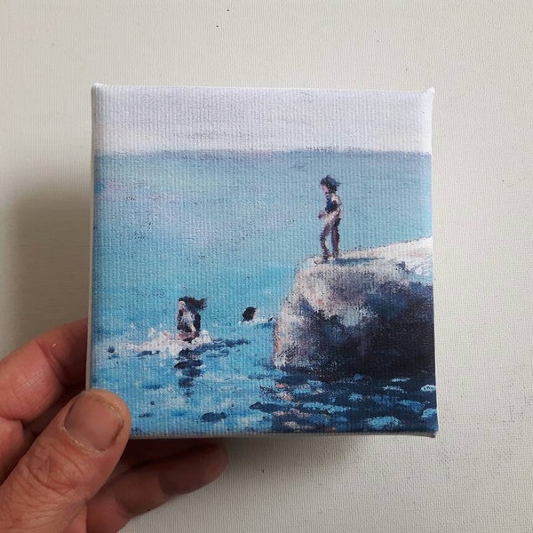 Small swimmer print, print on canvas, tiny painting, small canvas, print acrylic, lake painting, swimming print, gift for her, glicee canvas
