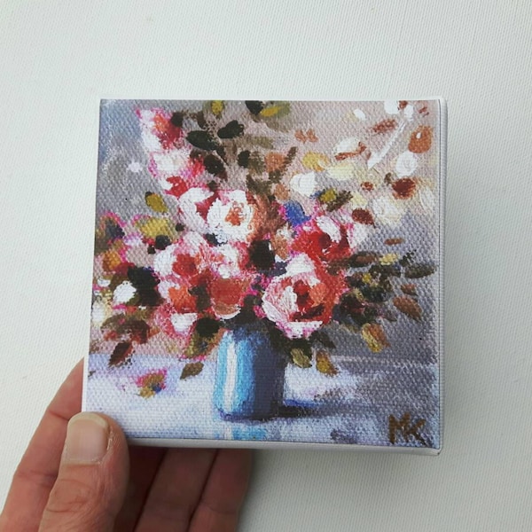 Small flower print, print on canvas, tiny painting, small canvas, print acrylic, floral painting, flower print, gift for her, glicee canvas