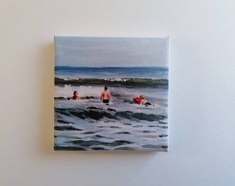 Small swimmer print, print on canvas, tiny painting, free shipping, print acrylic, lake painting, swimming print, gift her, glicee canvas