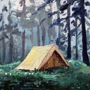 Small camping print, print on canvas, tiny painting, small canvas, tent painting, 5x7 print, explore art, gift for her, glicee canvas 画像 3