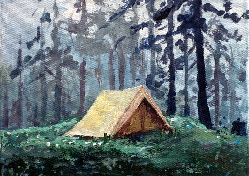 Small camping print, print on canvas, tiny painting, small canvas, tent painting, 5x7 print, explore art, gift for her, glicee canvas 画像 3