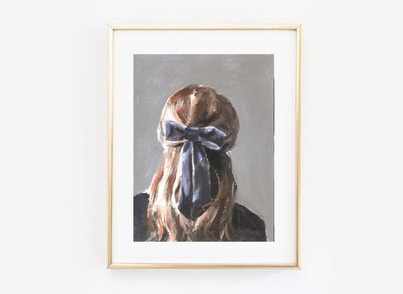 May include: A painting of a person with long brown hair tied back with a large blue bow.