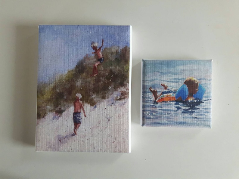 Small swimmer print, print on canvas, tiny painting, small canvas, print acrylic, lake painting, swimming print, gift for her, glicee canvas image 4