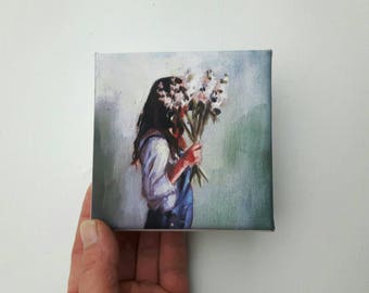 small girl print, girl painting , flower print, portrait print, bohemian print, small painting, tiny canvas, mini canvas, 4x4 print