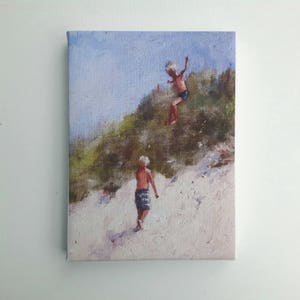 Small swimmer print, print on canvas, tiny painting, small canvas, print acrylic, lake painting, swimming print, gift for her, glicee canvas image 1