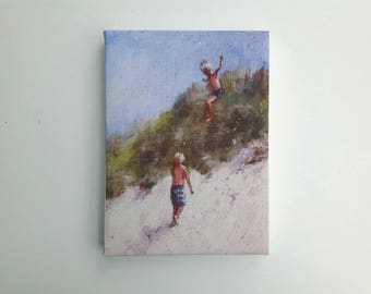 Small swimmer print, print on canvas, tiny painting, small canvas, print acrylic, lake painting, swimming print, gift for her, glicee canvas